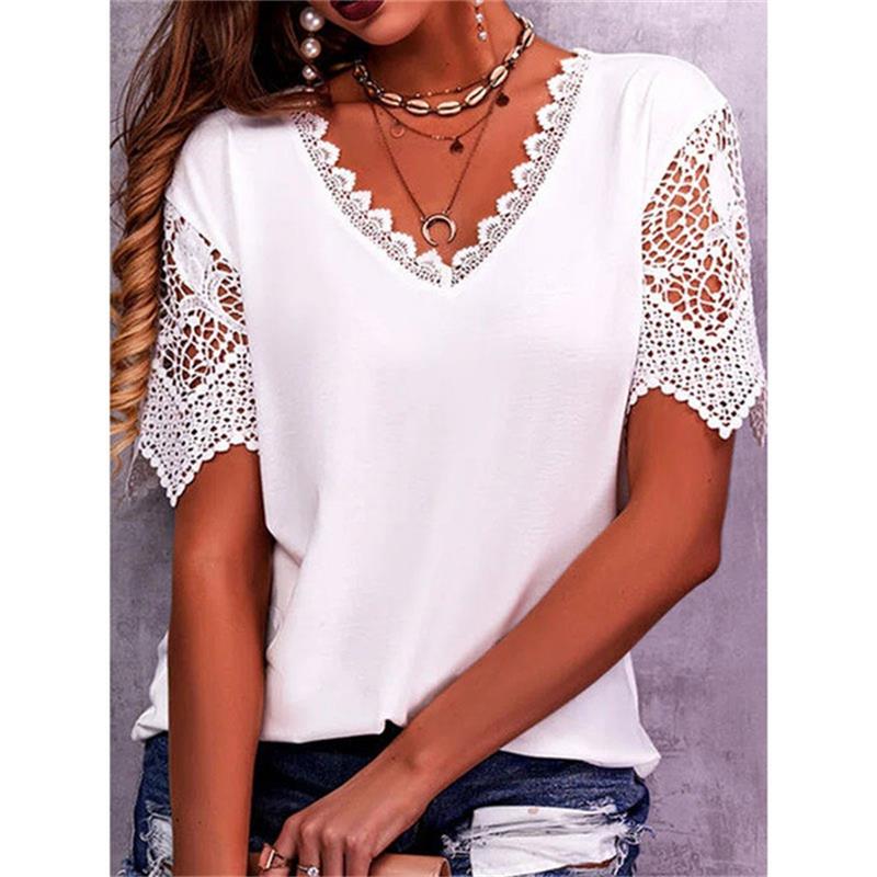 T-shirt à encolure en V et empiècement en dentelle pour femmes