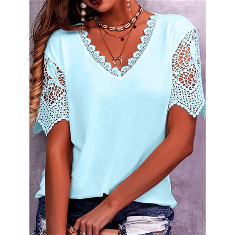 T-shirt à encolure en V et empiècement en dentelle pour femmes