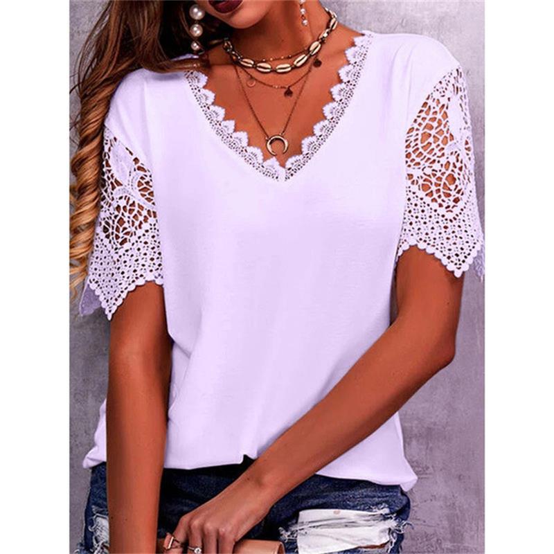 T-shirt à encolure en V et empiècement en dentelle pour femmes