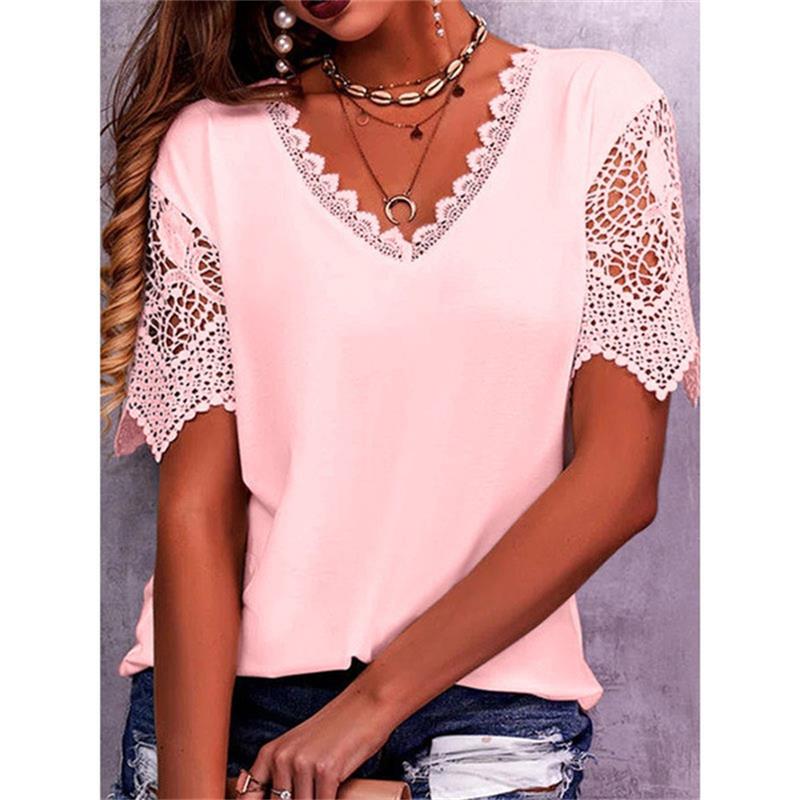 T-shirt à encolure en V et empiècement en dentelle pour femmes