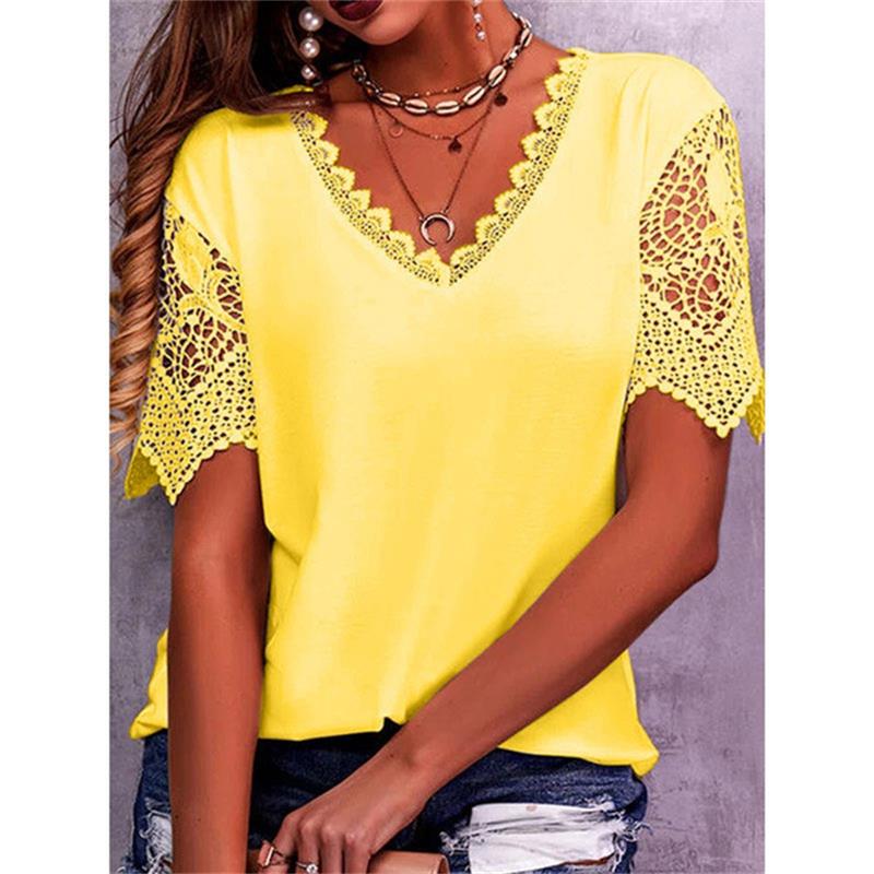 T-shirt à encolure en V et empiècement en dentelle pour femmes