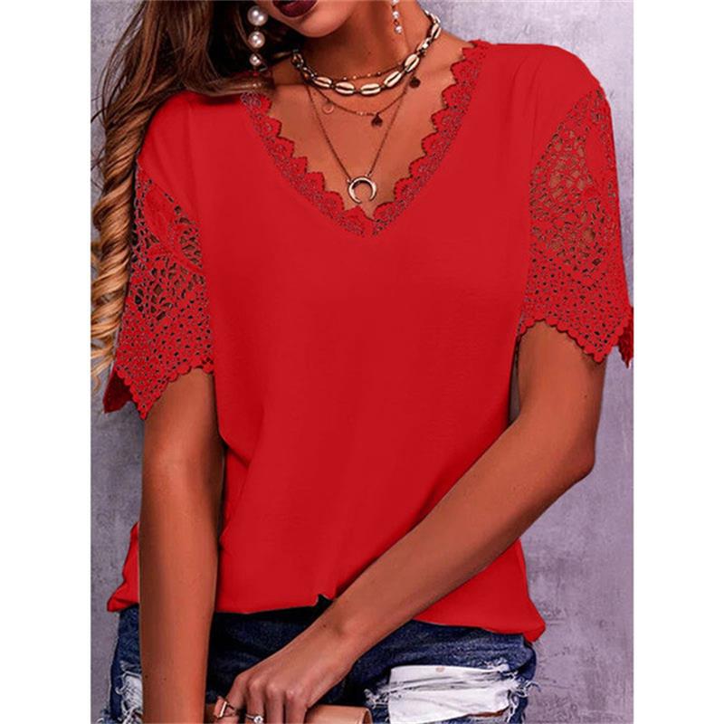 T-shirt à encolure en V et empiècement en dentelle pour femmes