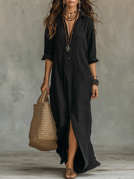 Soline™ - Vestido largo negro con botones