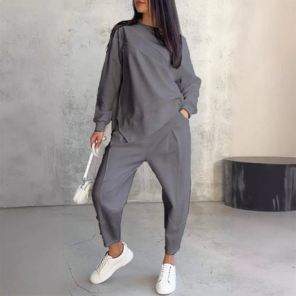 Maria- Conjunto de sudadera de manga larga con bajo irregular y pantalones para mujer
